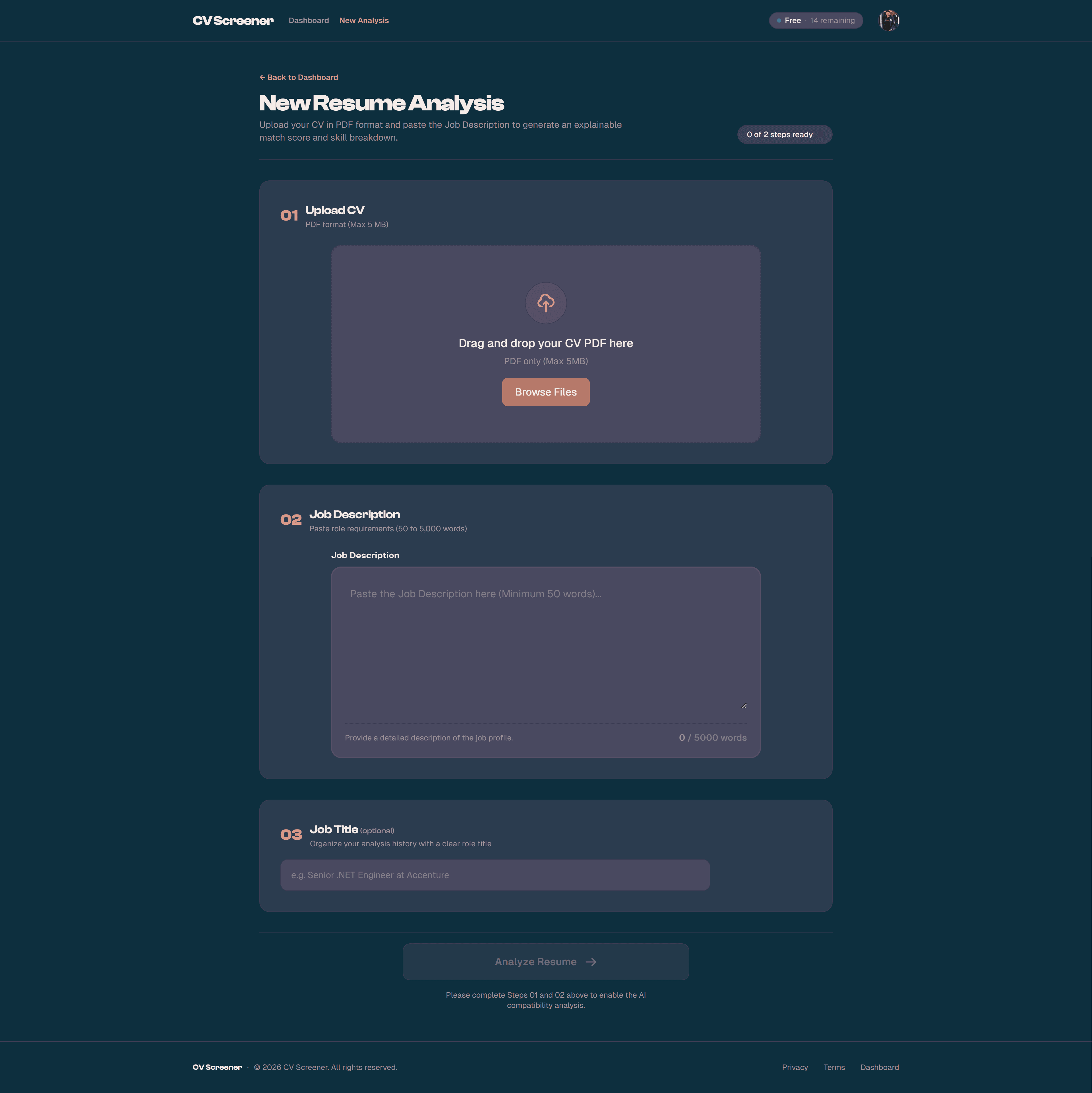 New Analysis — CV Upload & Job Description Input