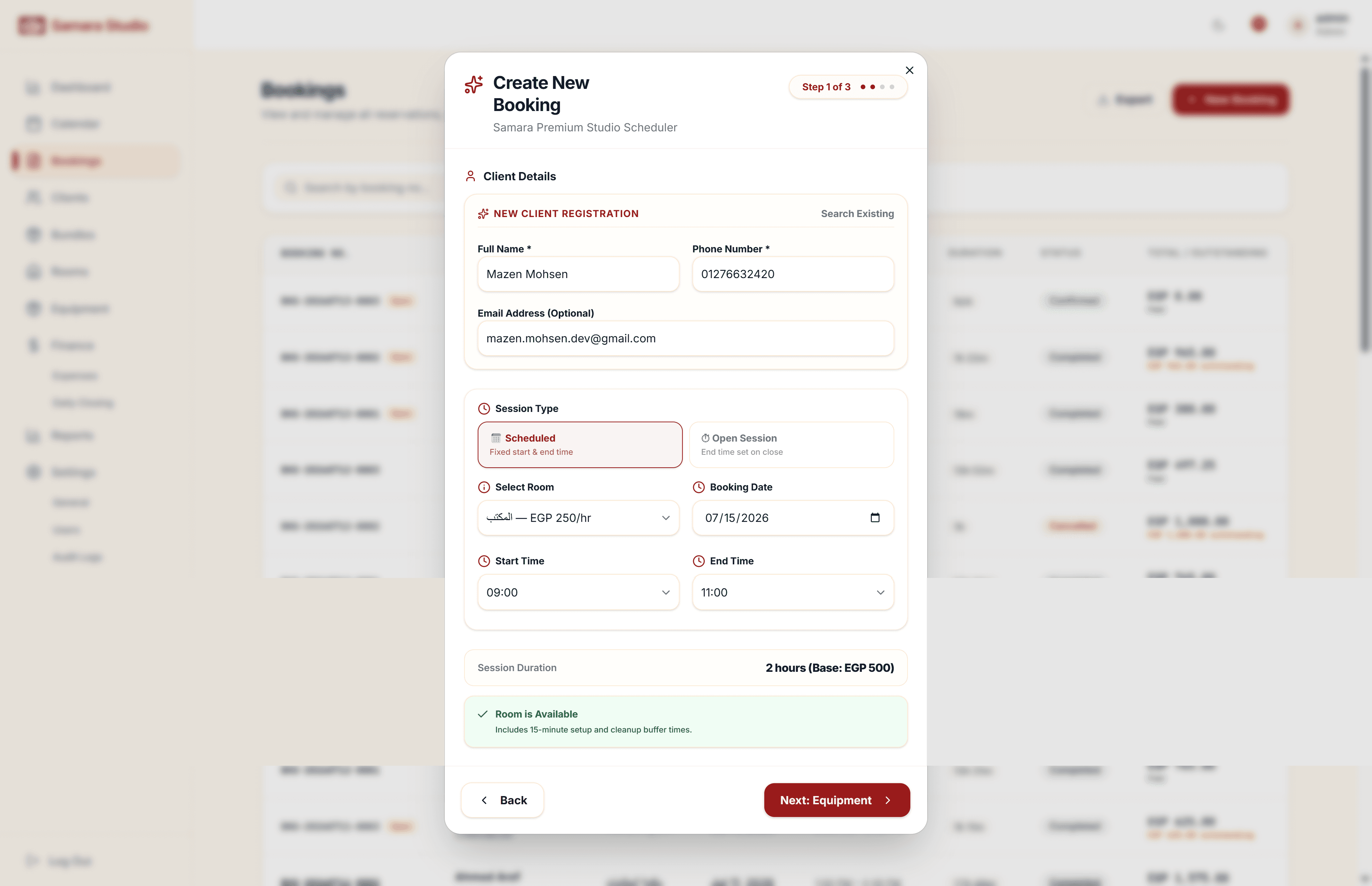 Booking Wizard (Step 3) โ Equipment rental allocation checking real-time warehouse stock levels