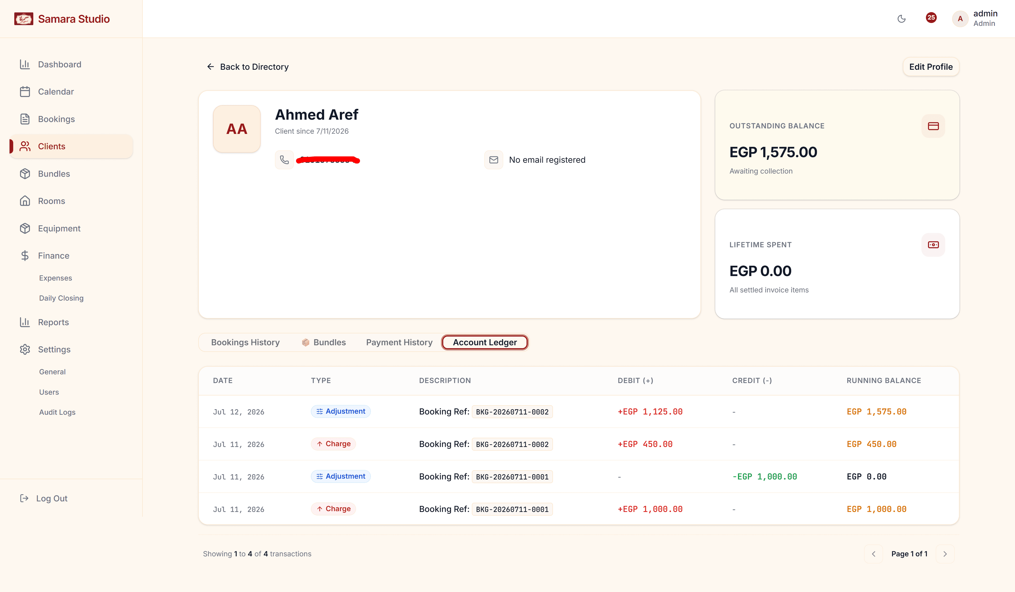 CRM Client Account Details โ Credit balances, active bundles, invoices, and booking logs