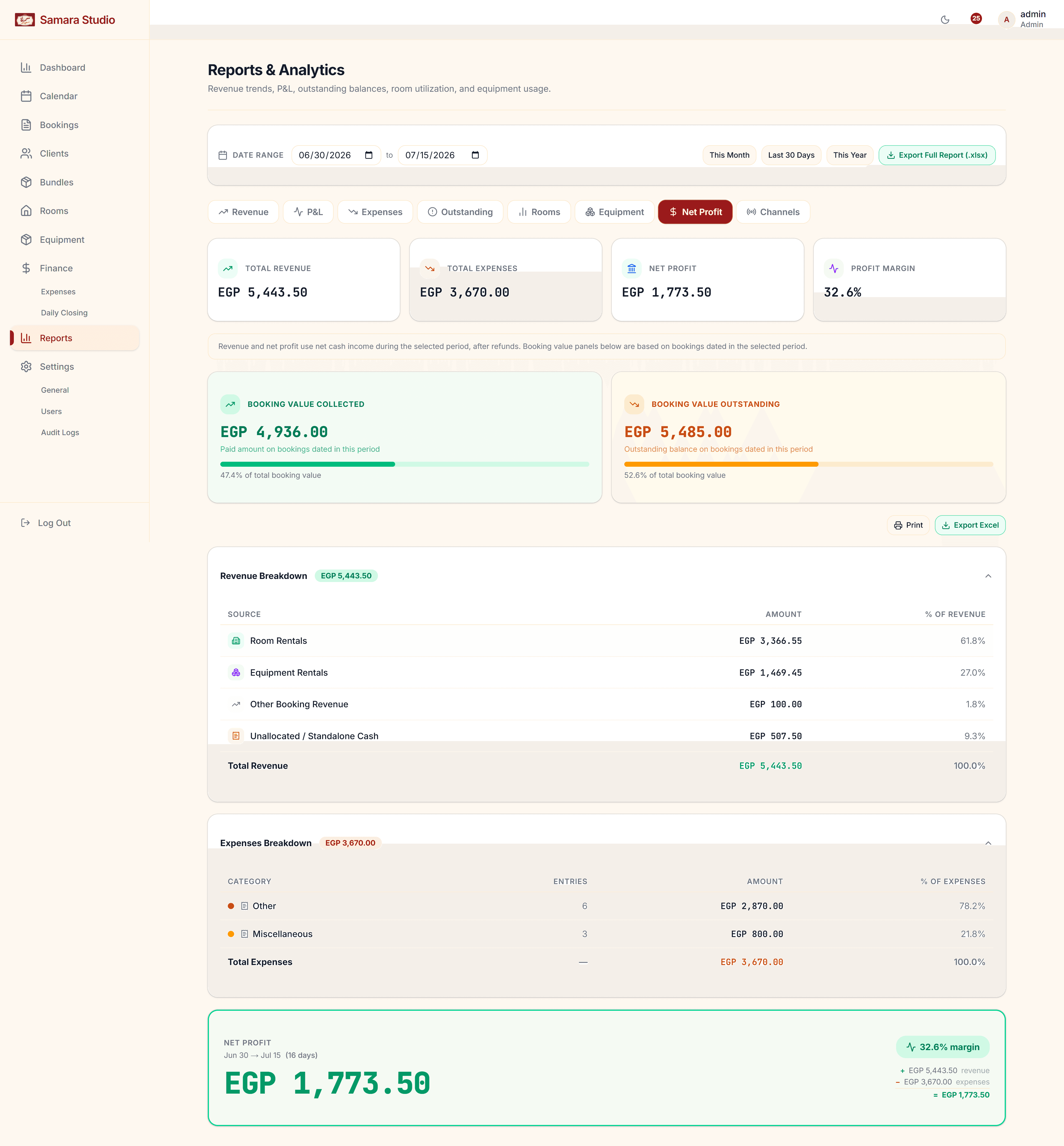 Profitability Reports โ Interactive charts showcasing net profit margins, costs, and P&L statements