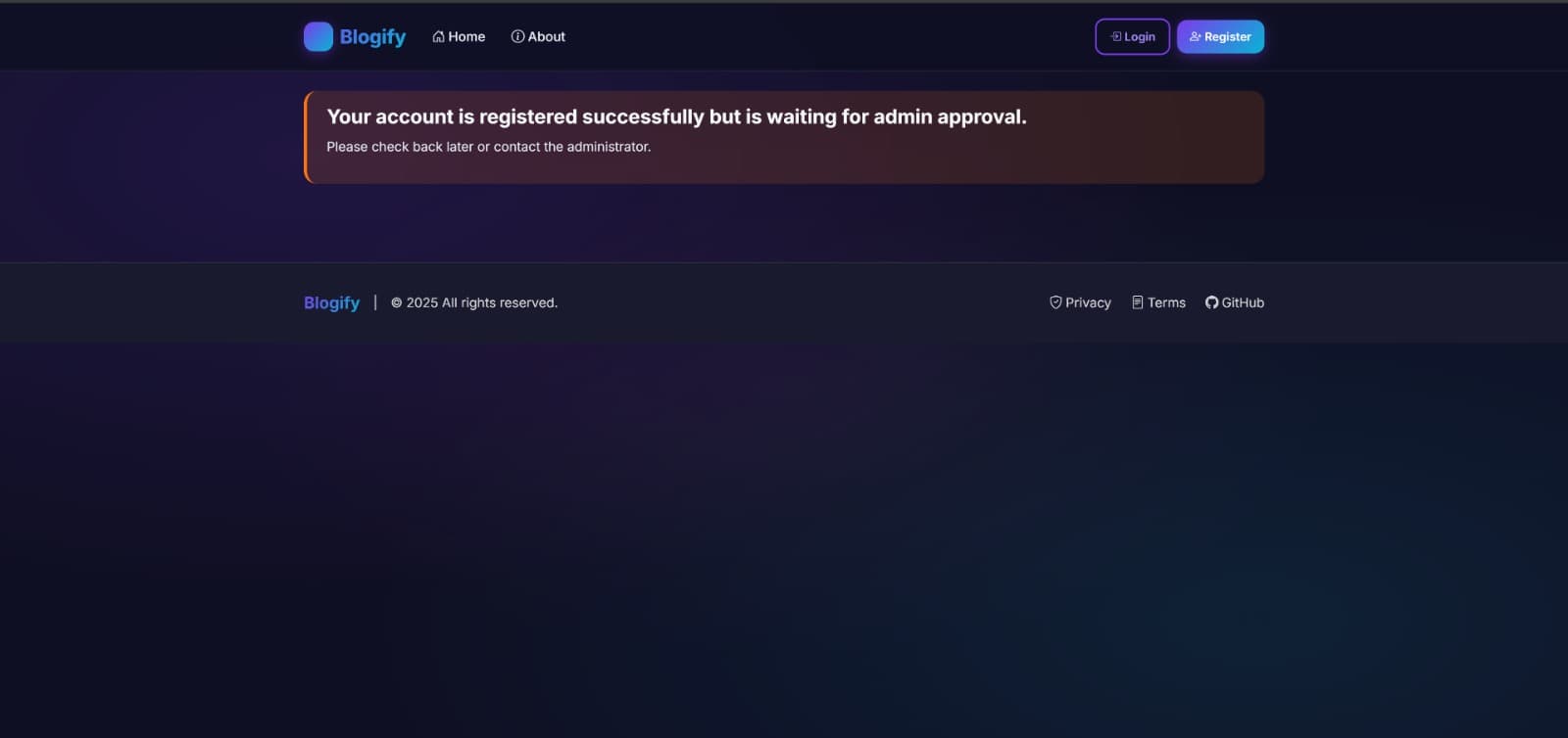 Blogify — Account approval pending screen