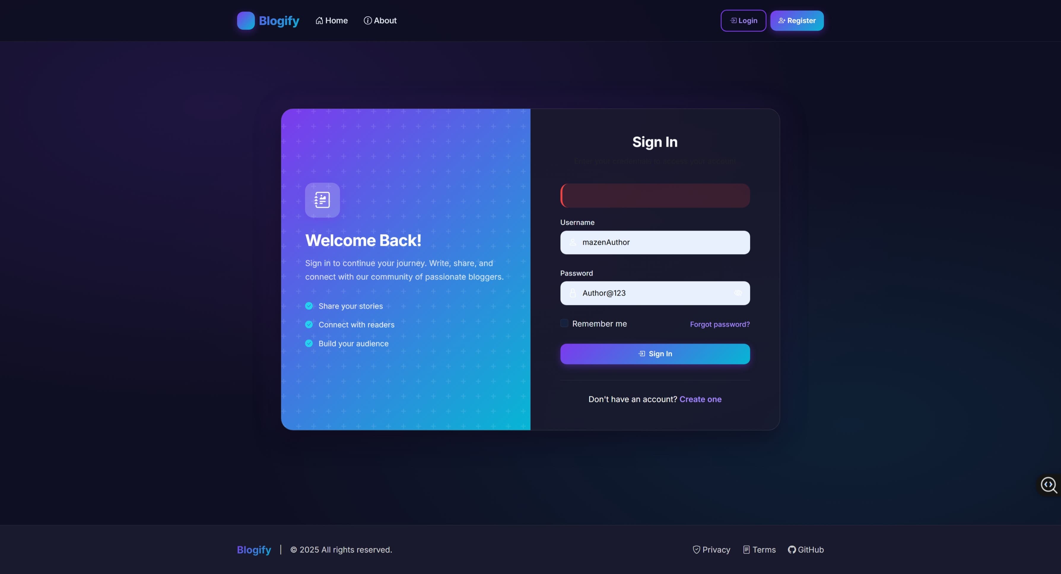 Blogify — Author login page