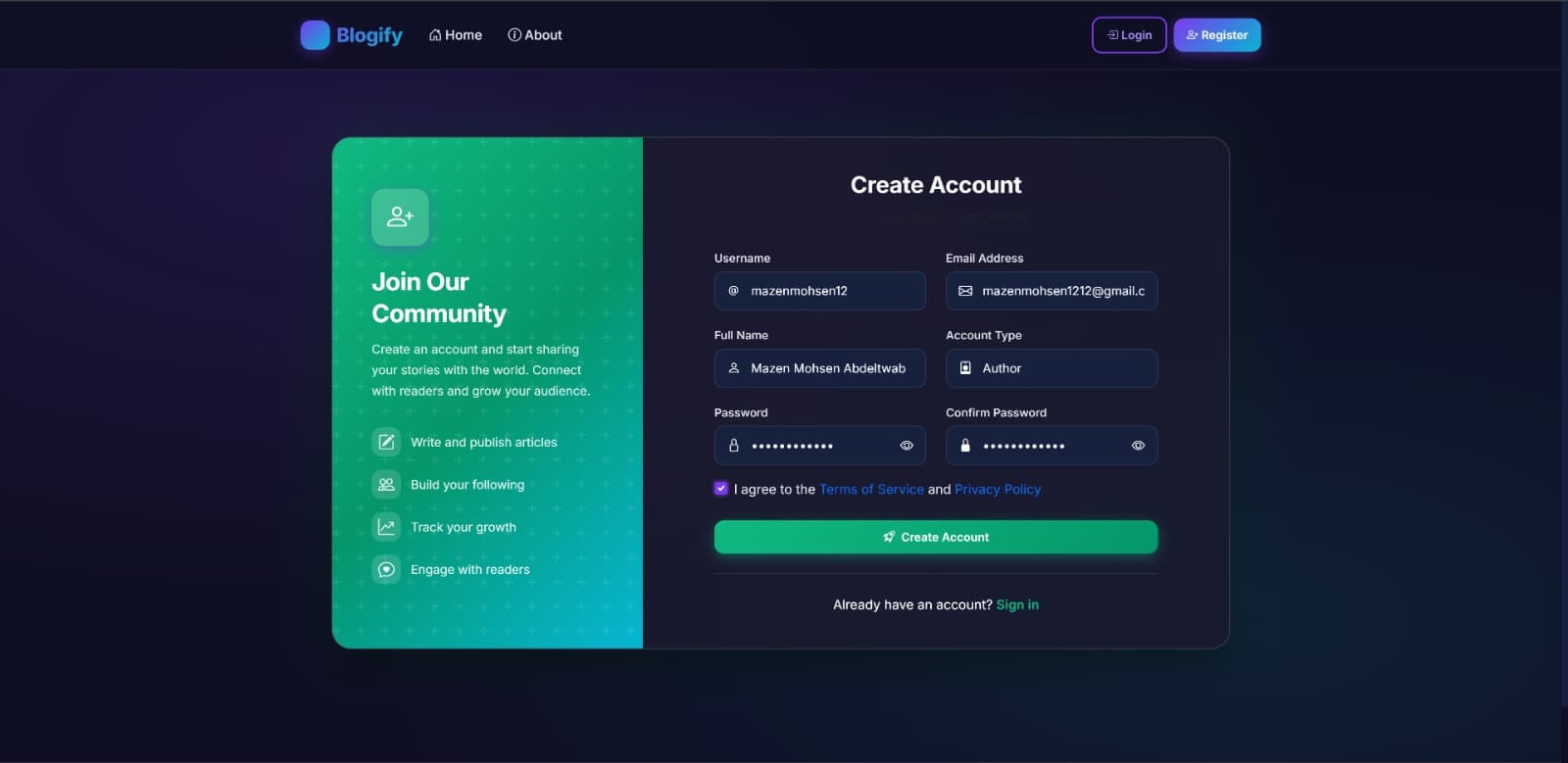 Blogify — Registration page
