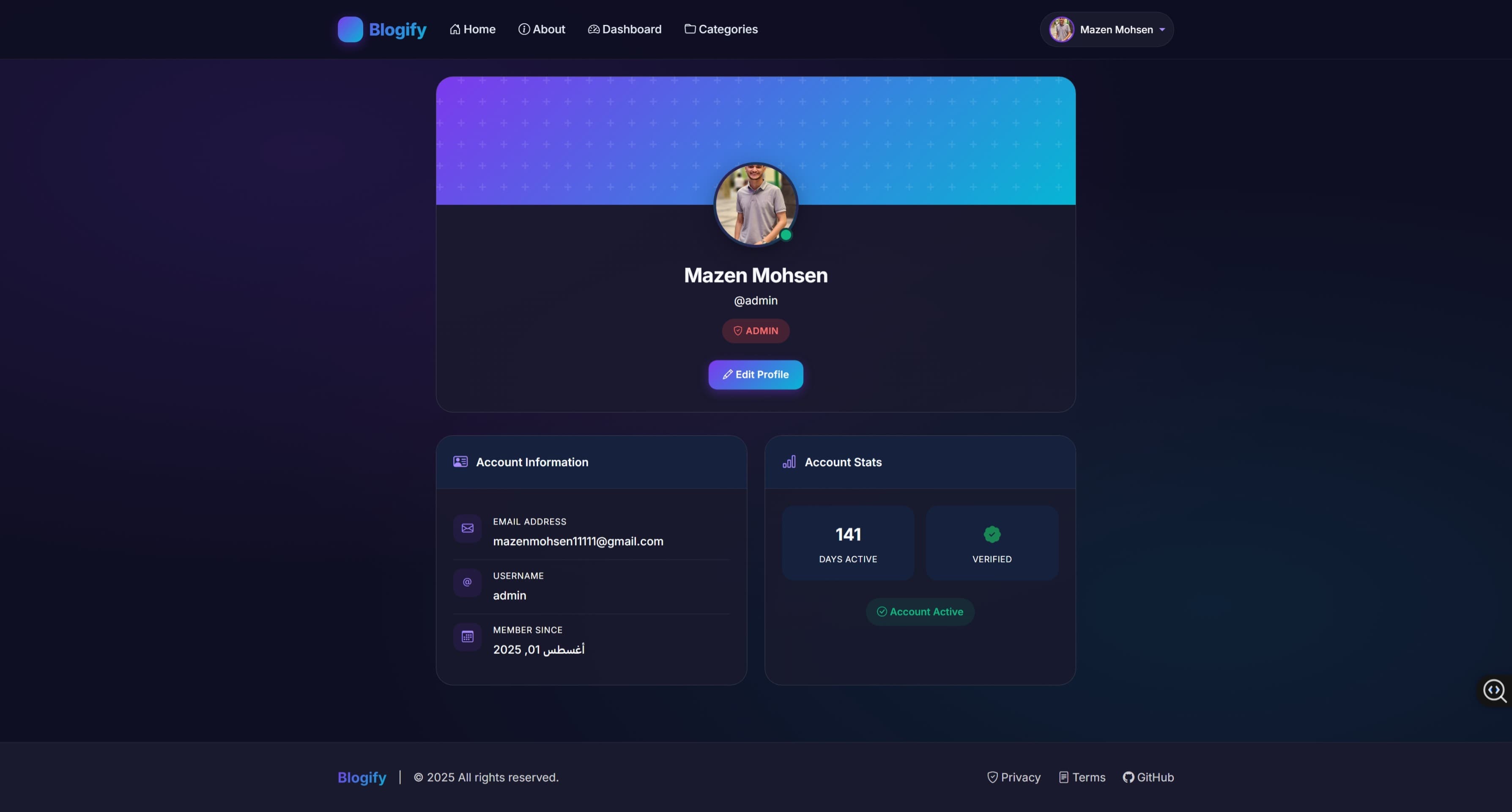 Blogify — User profile page